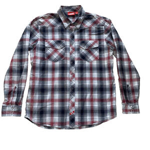 Vans Shirt 2010 Men Large Red Gray Plaid Western Snap Button Long Sleeve Logo